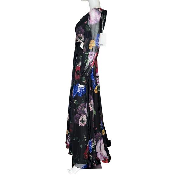 Mac Duggal Black Floral Print Chiffon Long Sleeve Maxi Dress 67872 Women’s Sz 6 - Picture 5 of 9